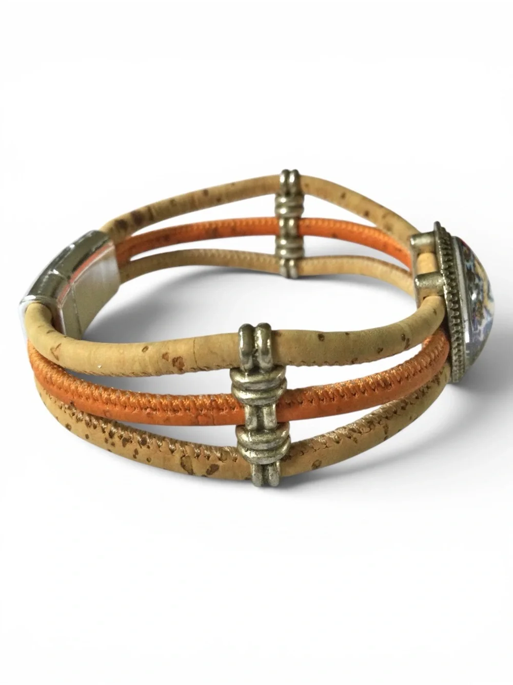 Portuguese Cork & Faux Leather Unisex Bracelet w/ Azulejo Tile Medallion - 7.25